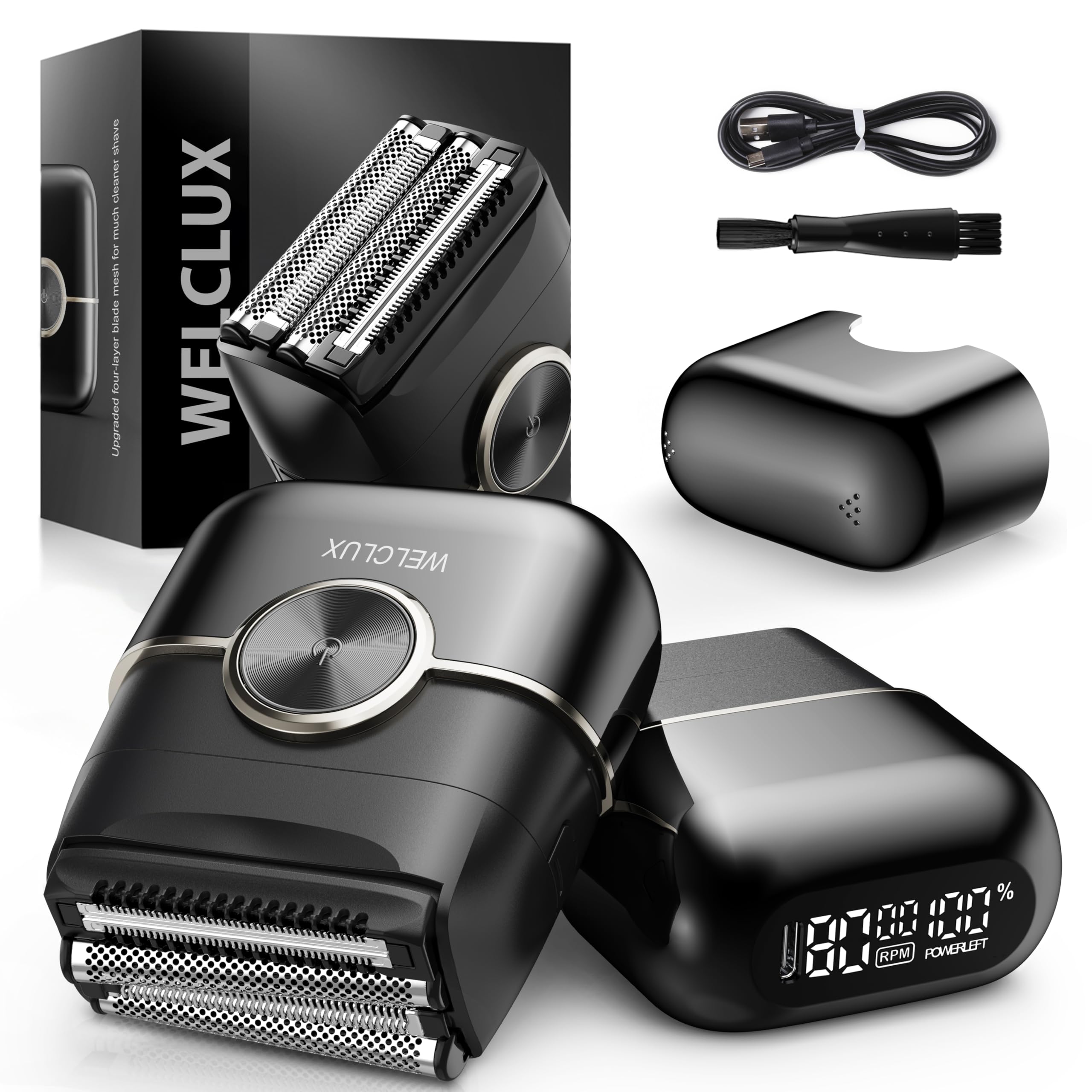 Welclux electric foil shaver front view shows four floating blades for precise, comfortable trimming.