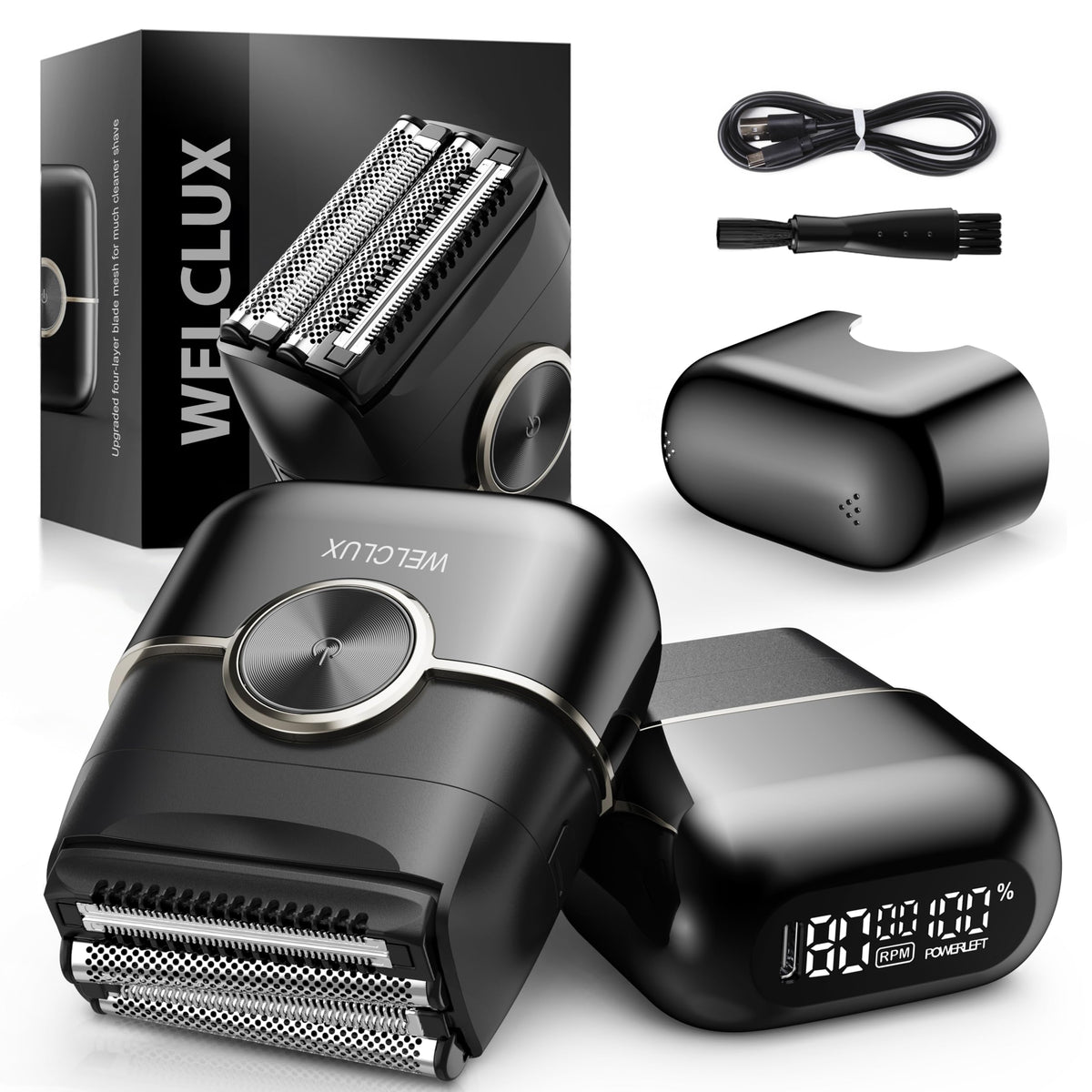 Welclux electric foil shaver front view shows four floating blades for precise, comfortable trimming.