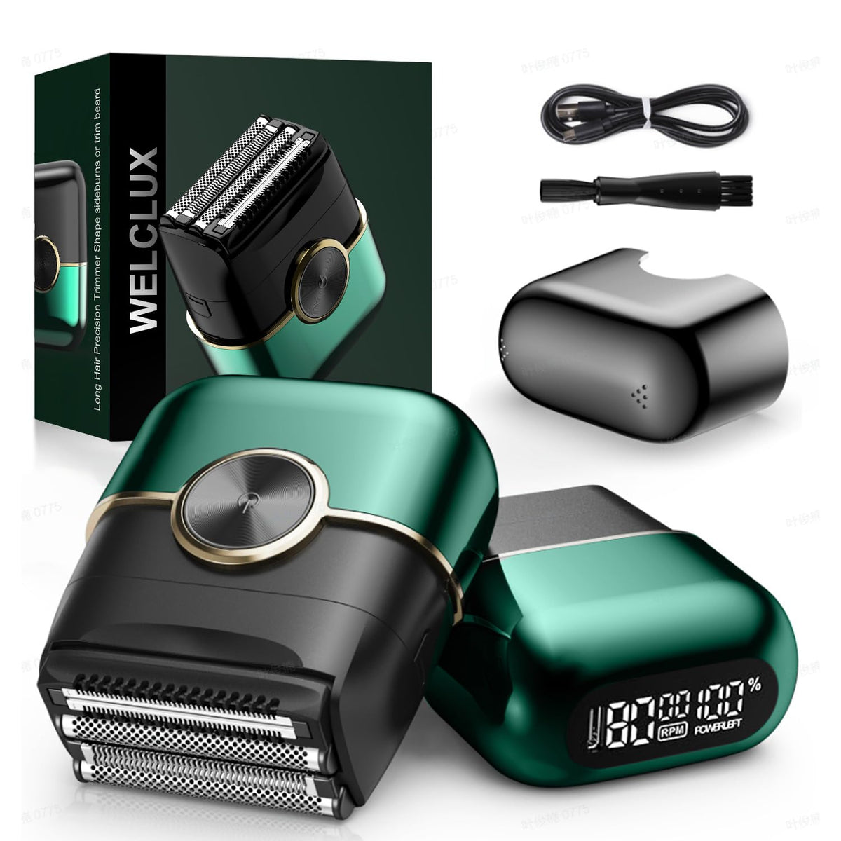 Welclux Royal Green foil shaver front view with compact design for daily on-the-go grooming.