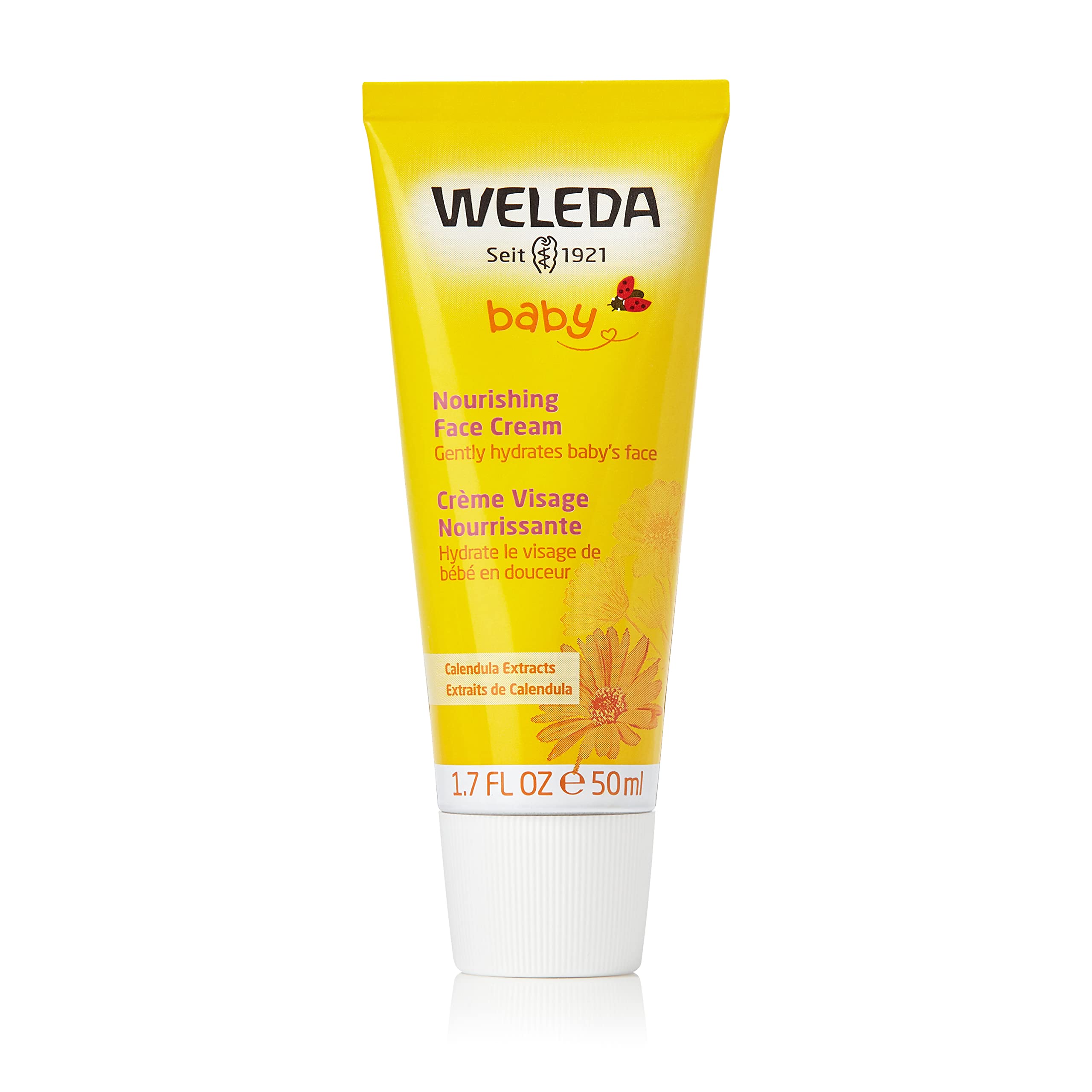 Weleda Baby Calendula Nourishing Face Cream packaging showcases gentle, plant-rich moisture for babies.