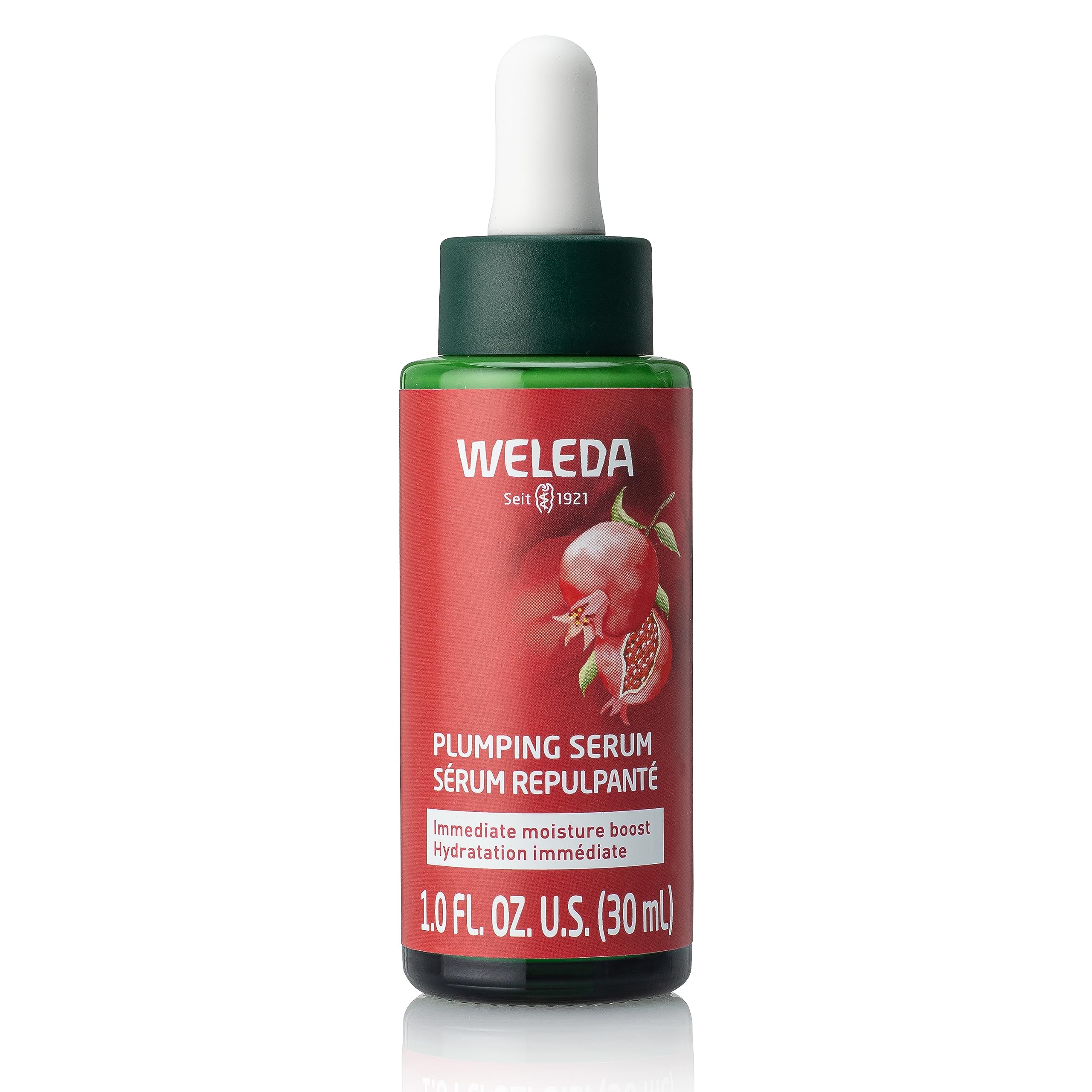 Weleda Face Care Plumping Serum bottle close-up highlighting hydration and radiance.