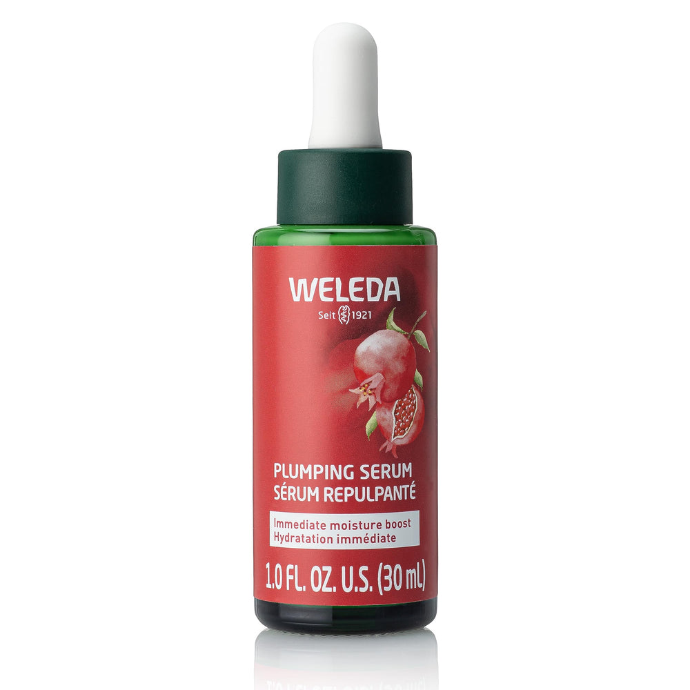 Weleda Face Care Plumping Serum bottle close-up highlighting hydration and radiance.