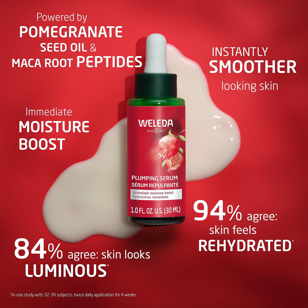 Weleda Face Care Plumping Serum with NATRUE-certified natural label.