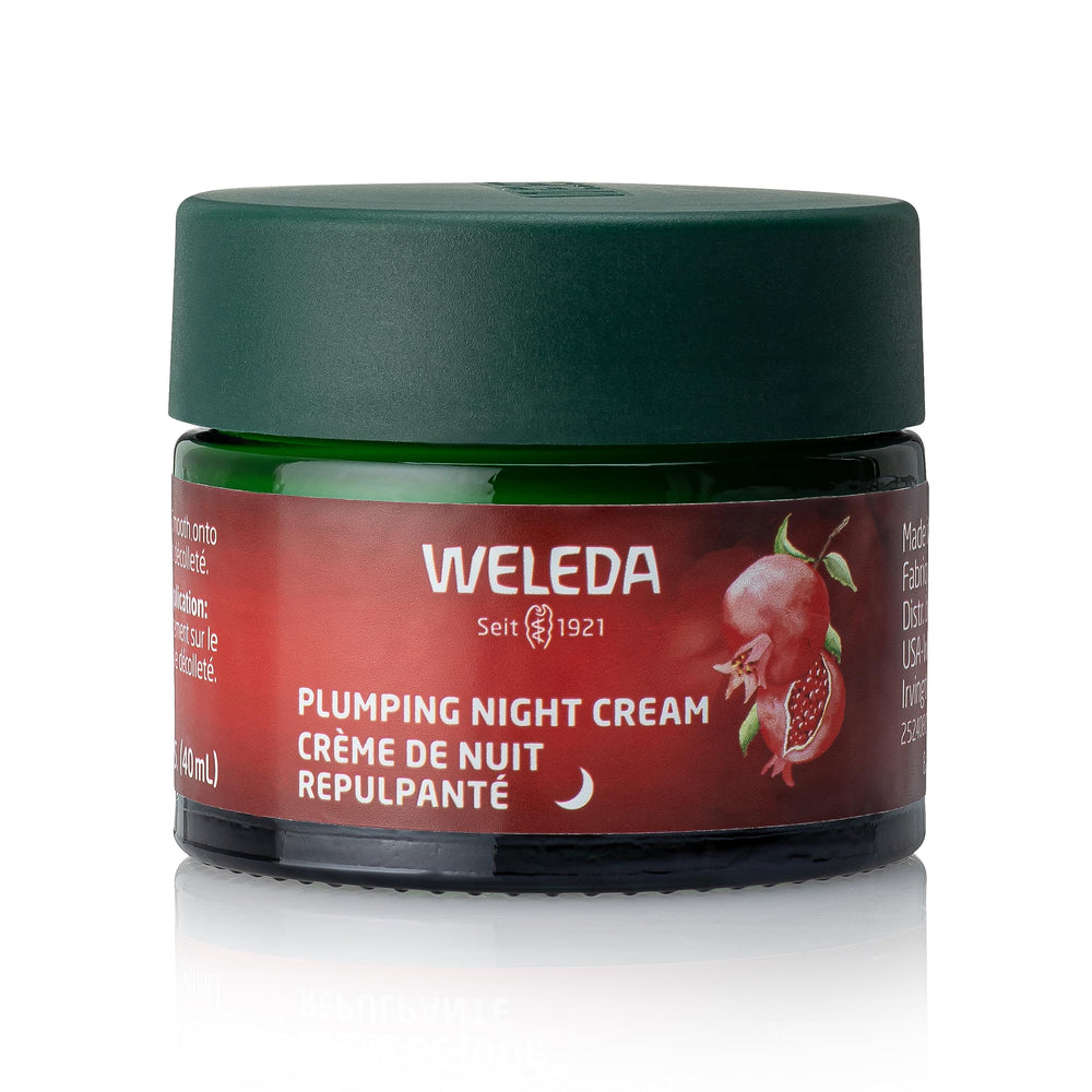Weleda Plumping Night Cream bottle close-up showing nourishing overnight hydration