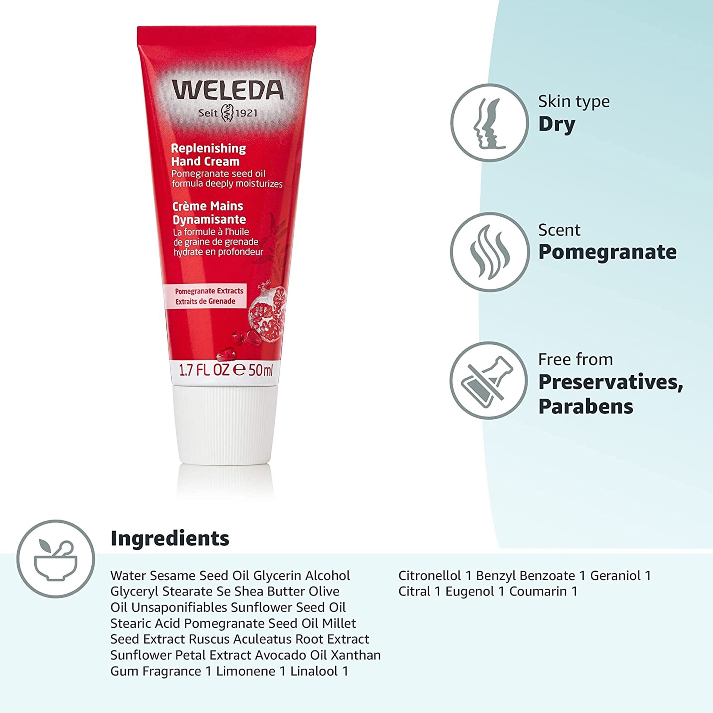 Weleda Regenerating Pomegranate Hand Cream ingredients close-up showcases pomegranate and nourishing oils.