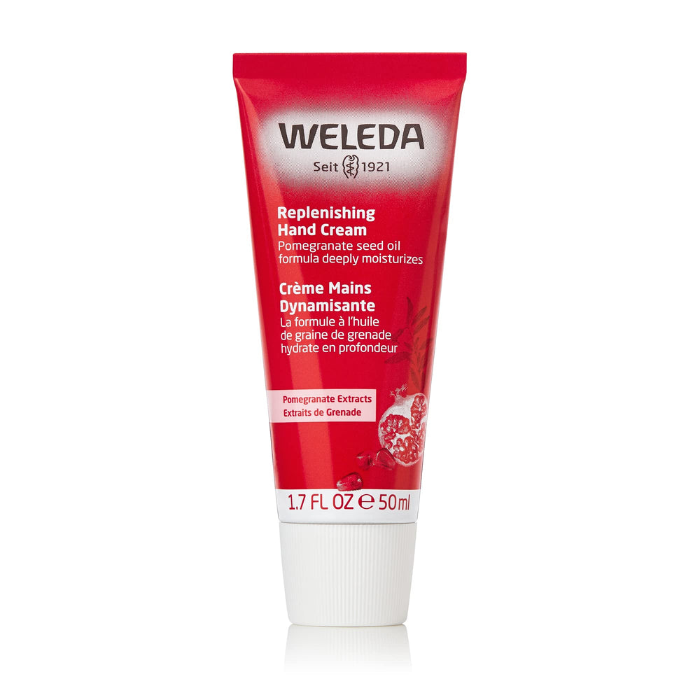 Weleda Regenerating Pomegranate Hand Cream packaging highlights everyday hydration for hands.