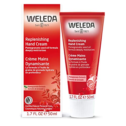 Weleda Regenerating Pomegranate Hand Cream texture close-up demonstrates creamy, fast-absorbing hydration.