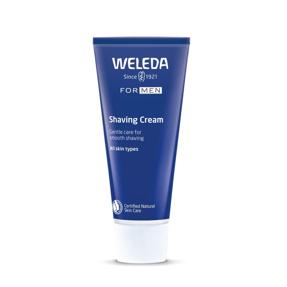Weleda Shaving Cream jar label highlights a skin-softening formula for sensitive skin.
