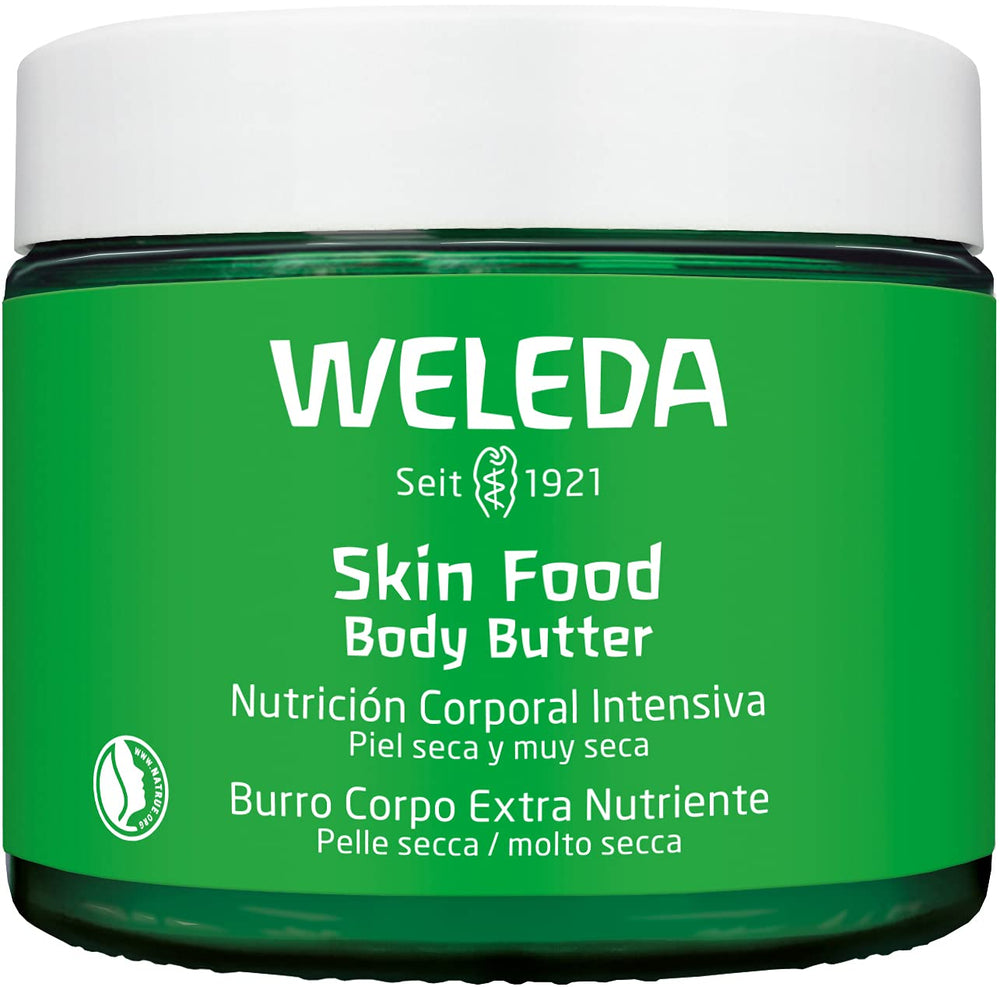 Weleda Skin Food Intensive Body Butter jar closeup showing rich moisture.