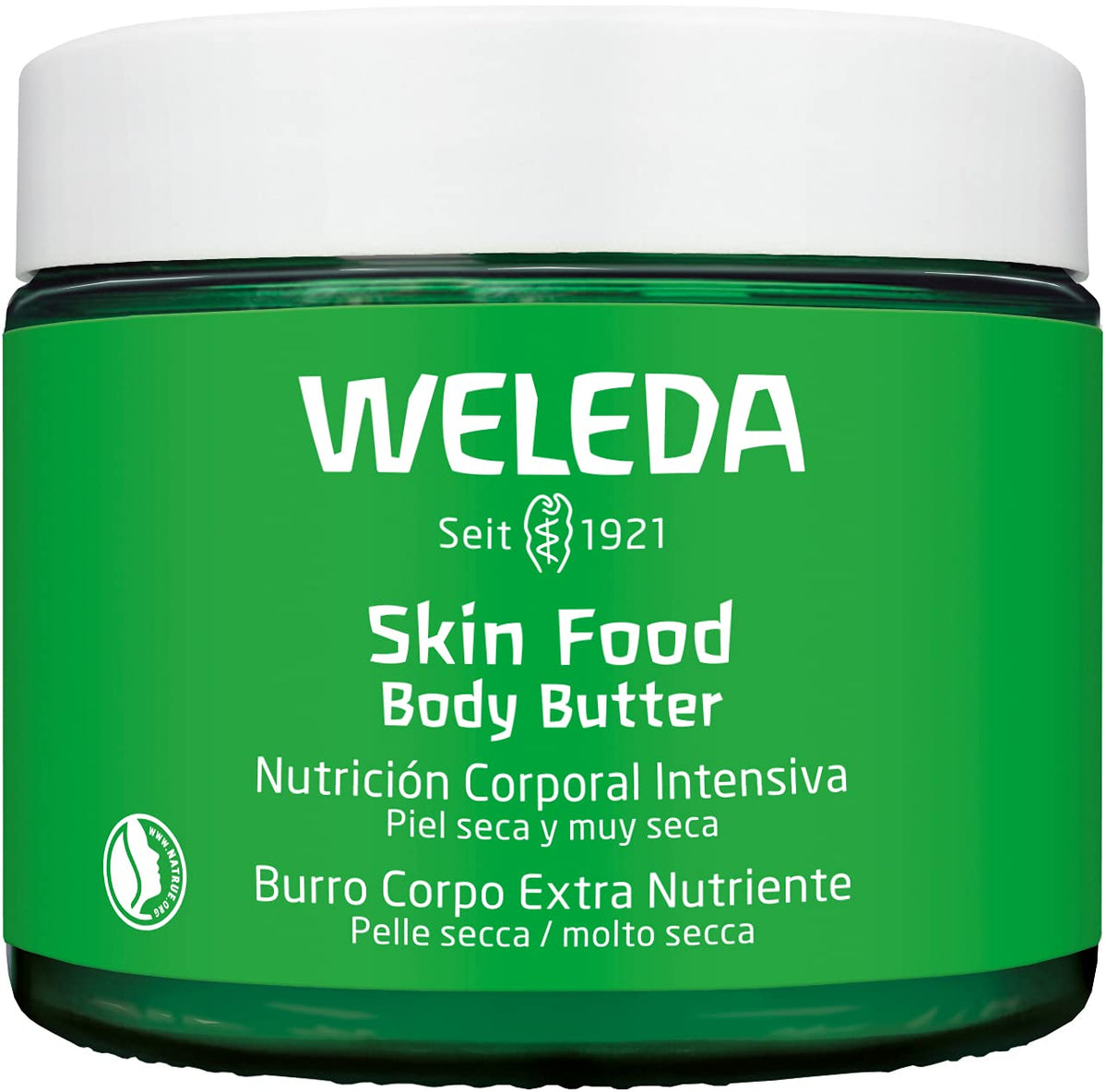 Weleda Skin Food Intensive Body Butter jar closeup showing rich moisture.
