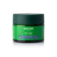 Weleda Skin Food Night Cream jar closeup showing rich, cushiony texture for overnight nourishment.