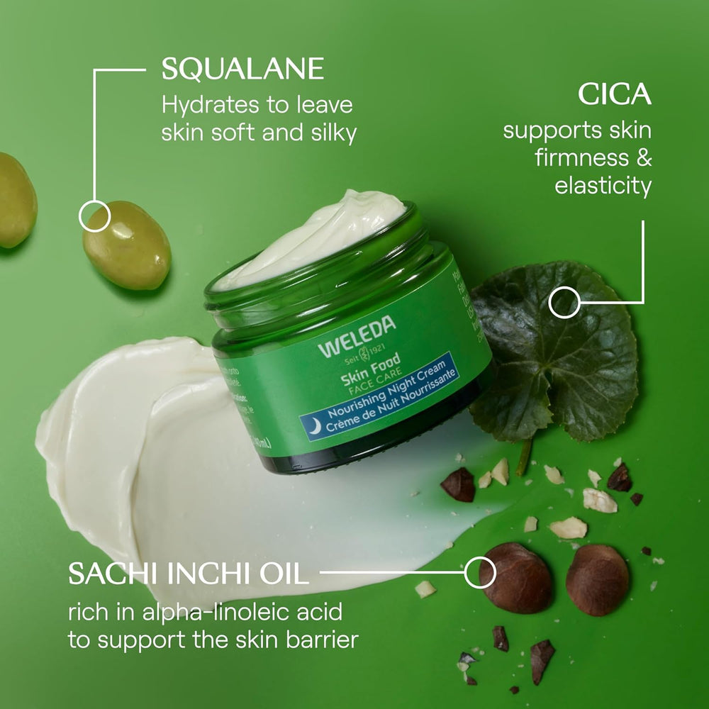 Weleda Skin Food Night Cream with squalane delivers soft, hydrated skin.