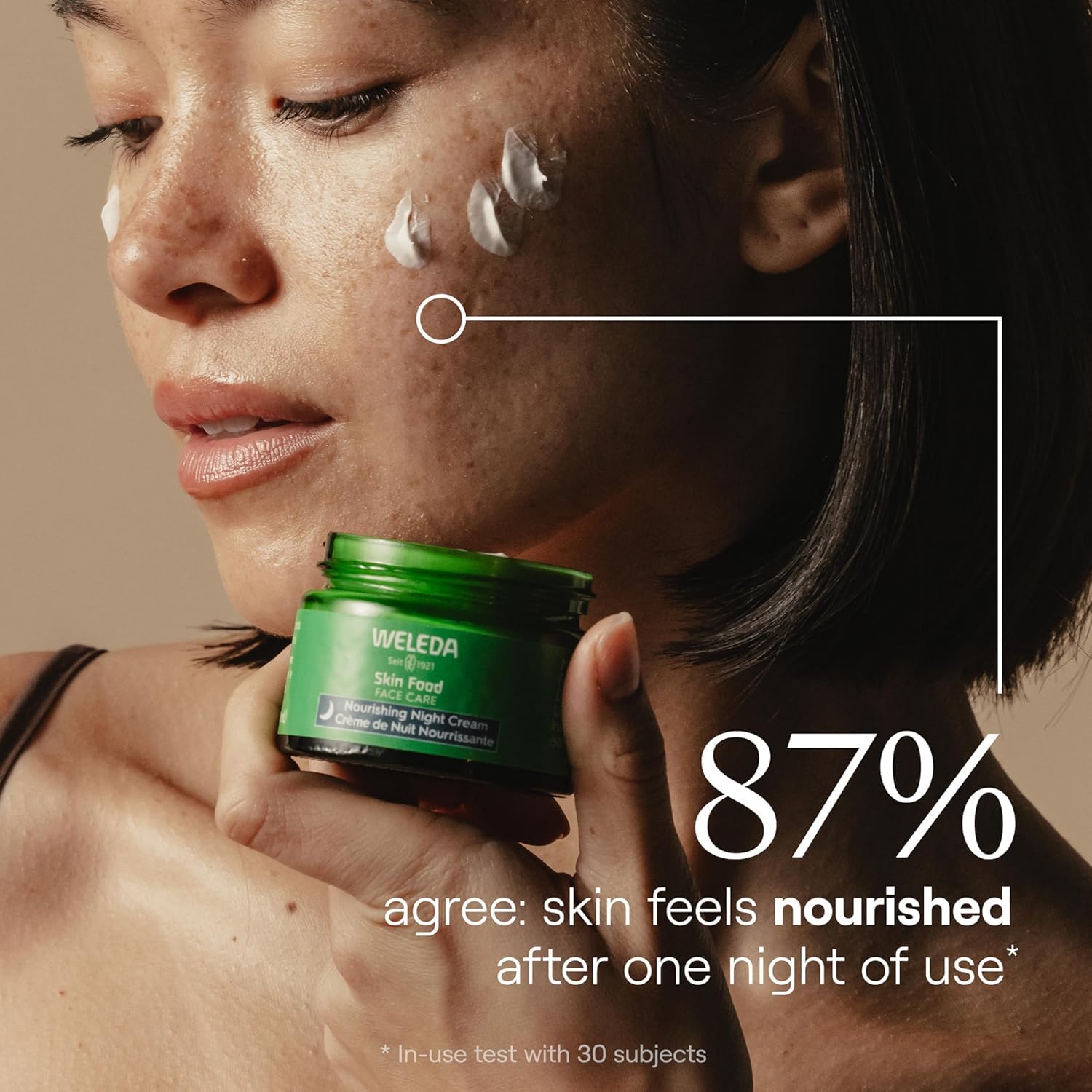 Weleda Skin Food Night Cream texture swatch highlighting deep hydration and a silky finish.