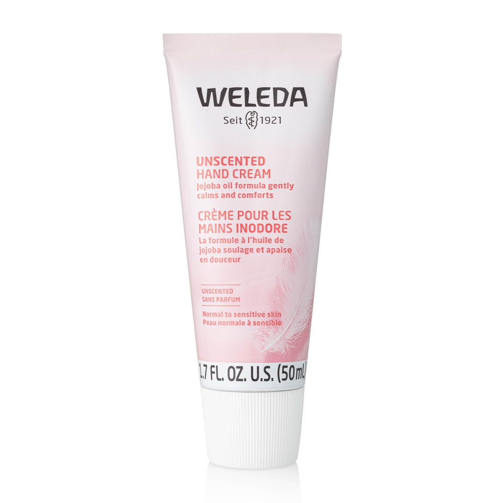 Weleda Unscented Hand Cream tube showing compact size for on-the-go moisture.