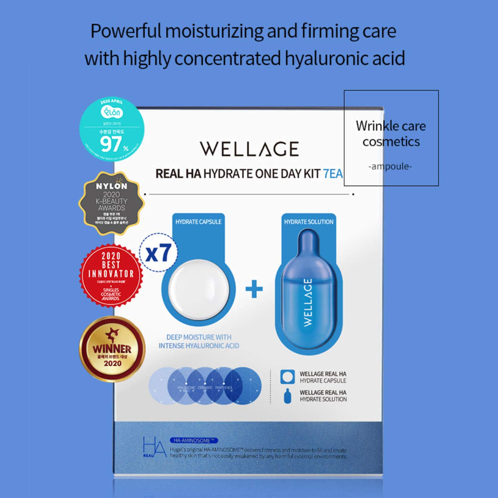 Wellage hyaluronic acid capsules closeup highlighting concentrated hydration
