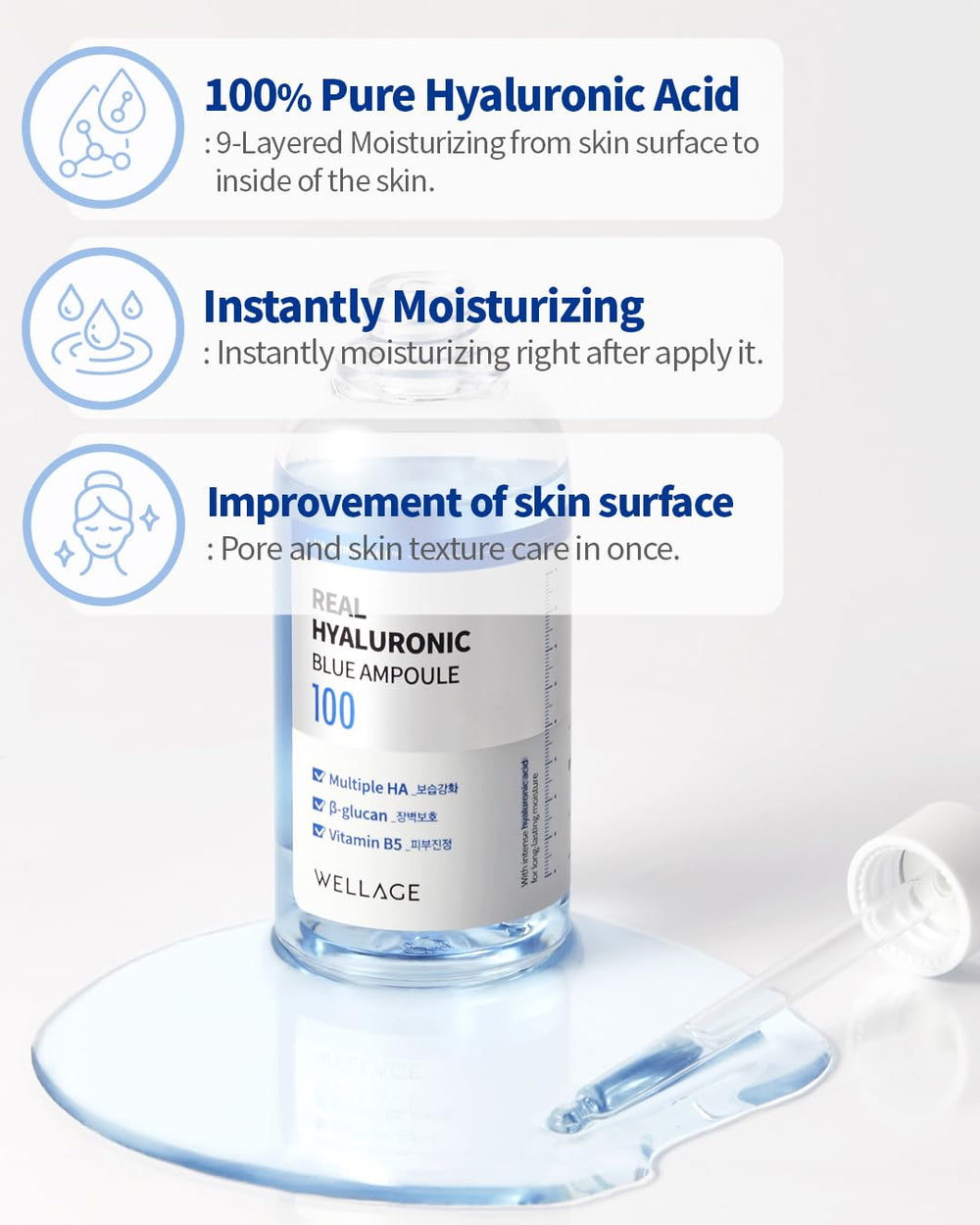 Wellage Real Hyaluronic Blue Ampoule ingredients panel highlights humectants for hydration.