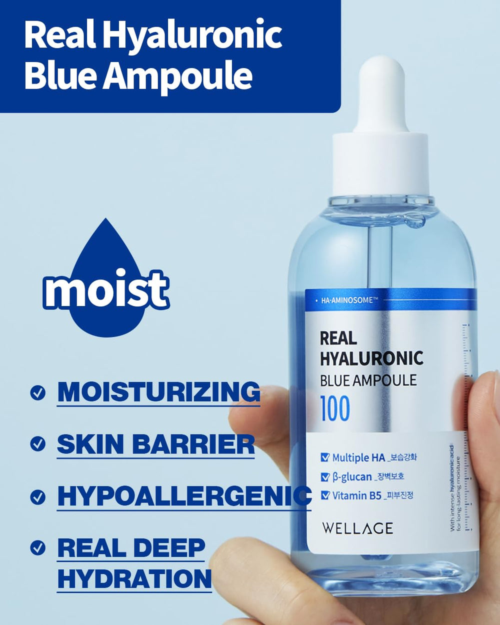 Wellage Real Hyaluronic Blue Ampoule texture close-up shows lightweight absorption.