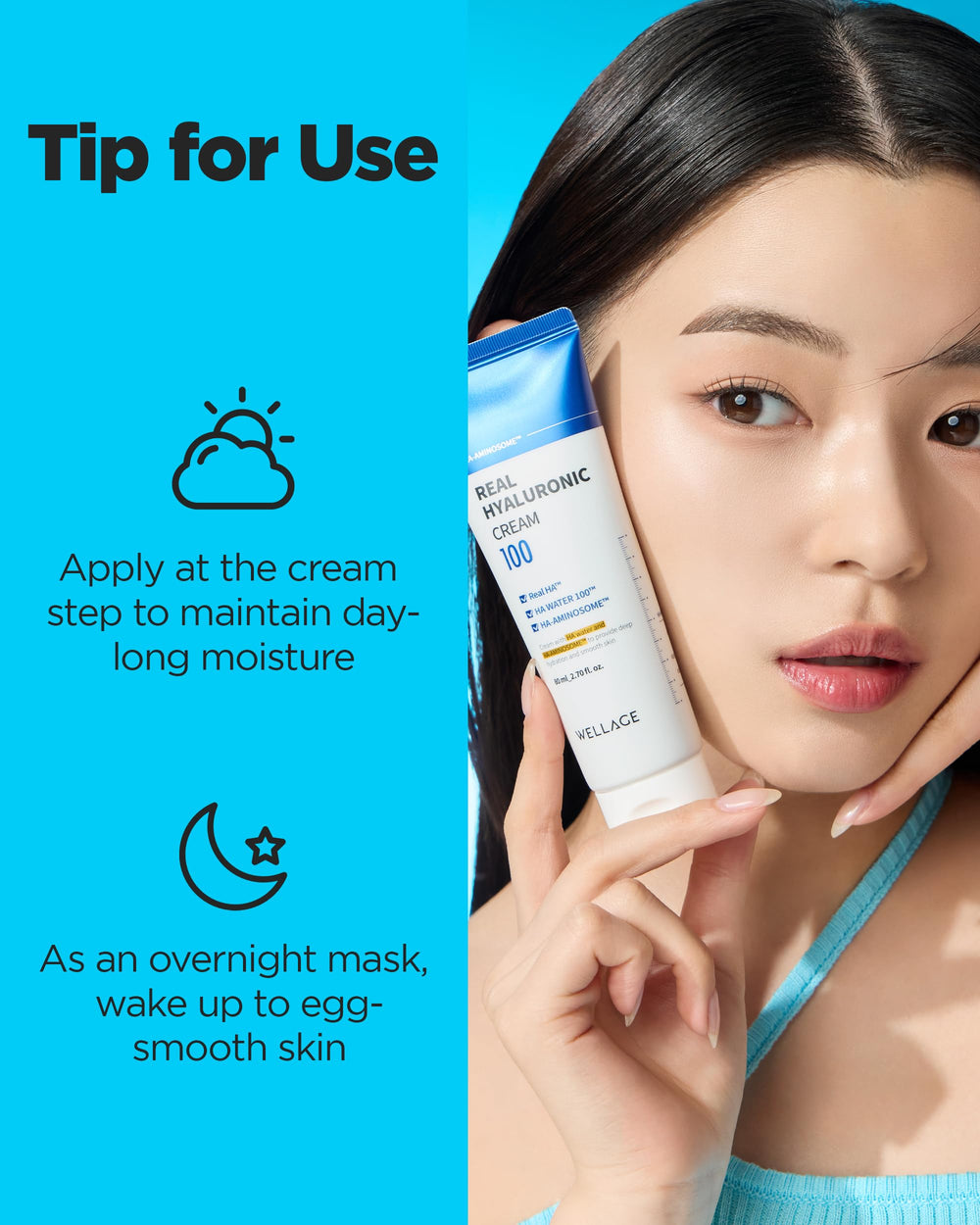 Wellage Real Hyaluronic Cream 100 jar label detail highlighting ceramides and panthenol benefits