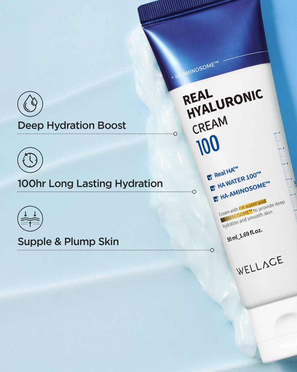 Wellage Real Hyaluronic Cream 100 rich texture application on skin demonstrates plump look