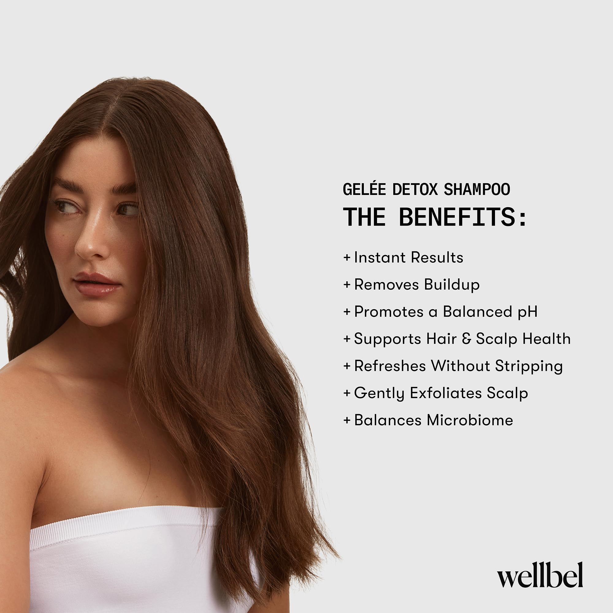 WellBEL Gelée Detox Shampoo on shelf-display implies dermatologist-tested, color-safe formula.