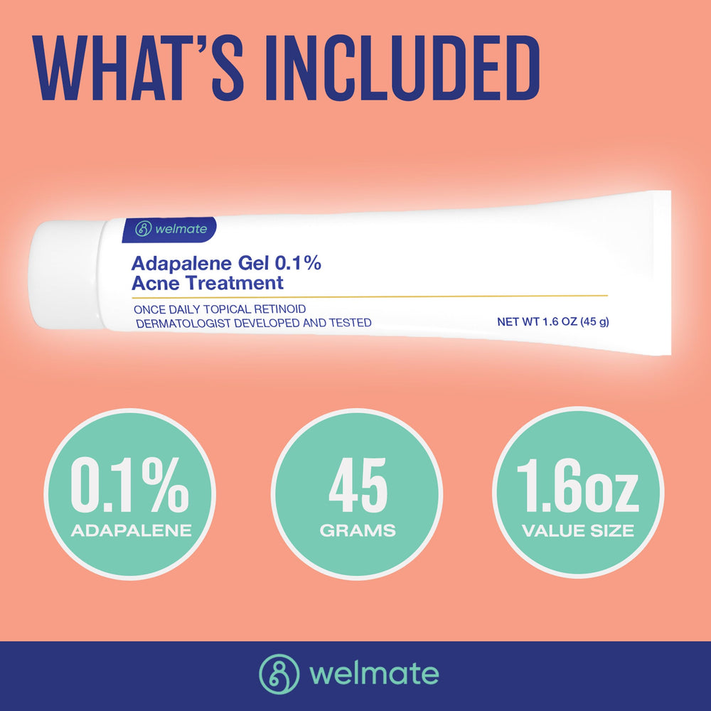 WELMATE Adapalene Gel 0.1% box and tubes display oil-free, fragrance-free formula