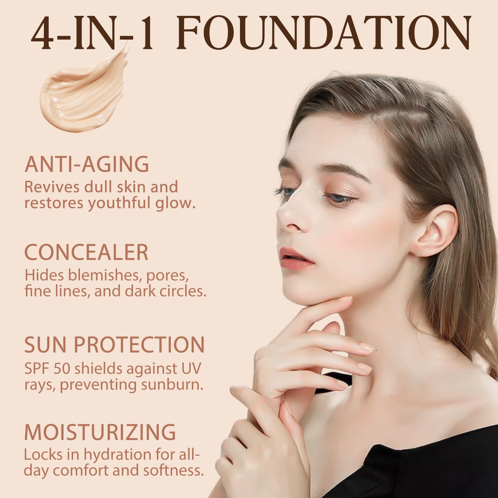 Weluno foundation color-matching swatches illustrate natural shade alignment and coverage