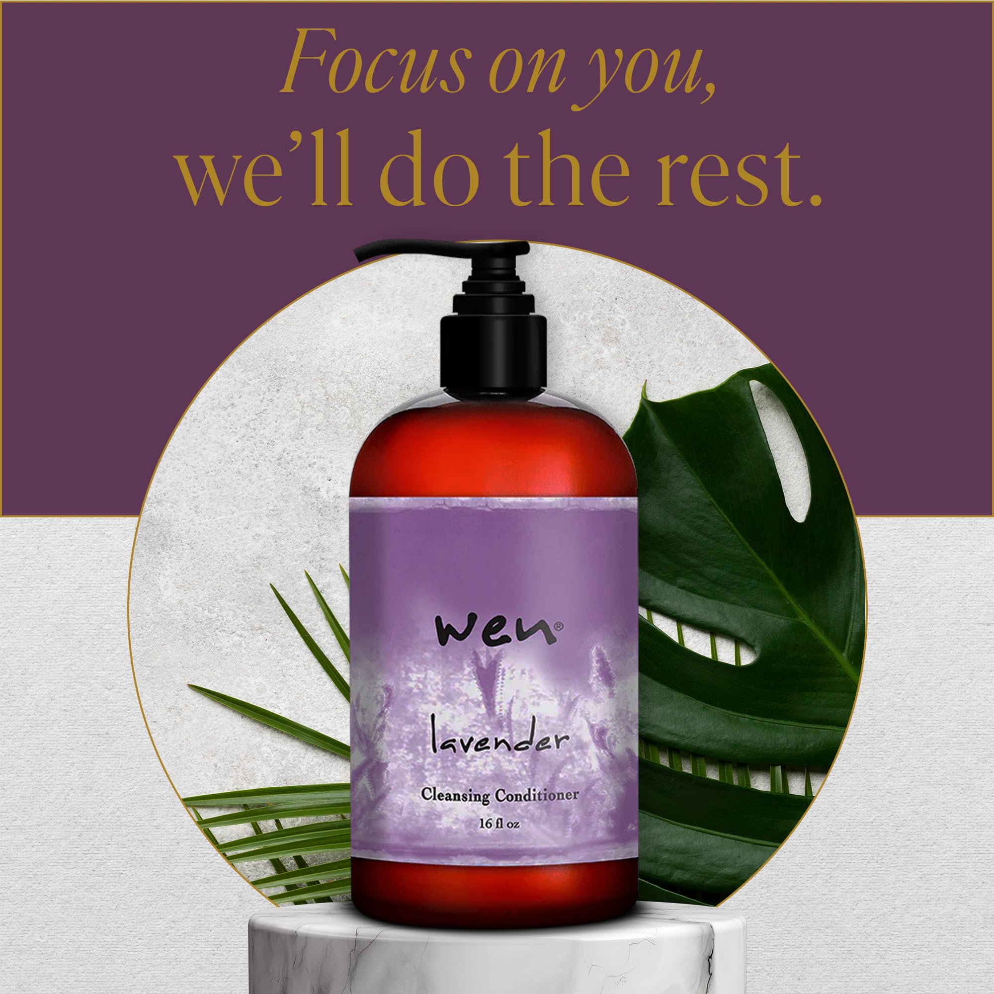 WEN Lavender hair care visuals convey volume and bounce without stripping moisture.