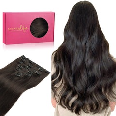 Wennalife clip-in hair extensions dark brown weft close-up for natural shine.