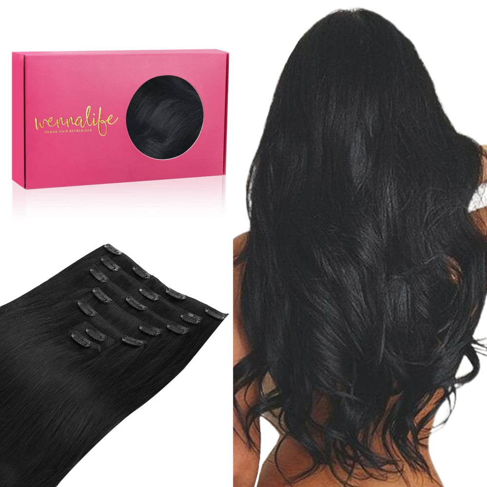 Wennalife clip-in hair extensions jet black packaging highlight Remy hair for easy styling