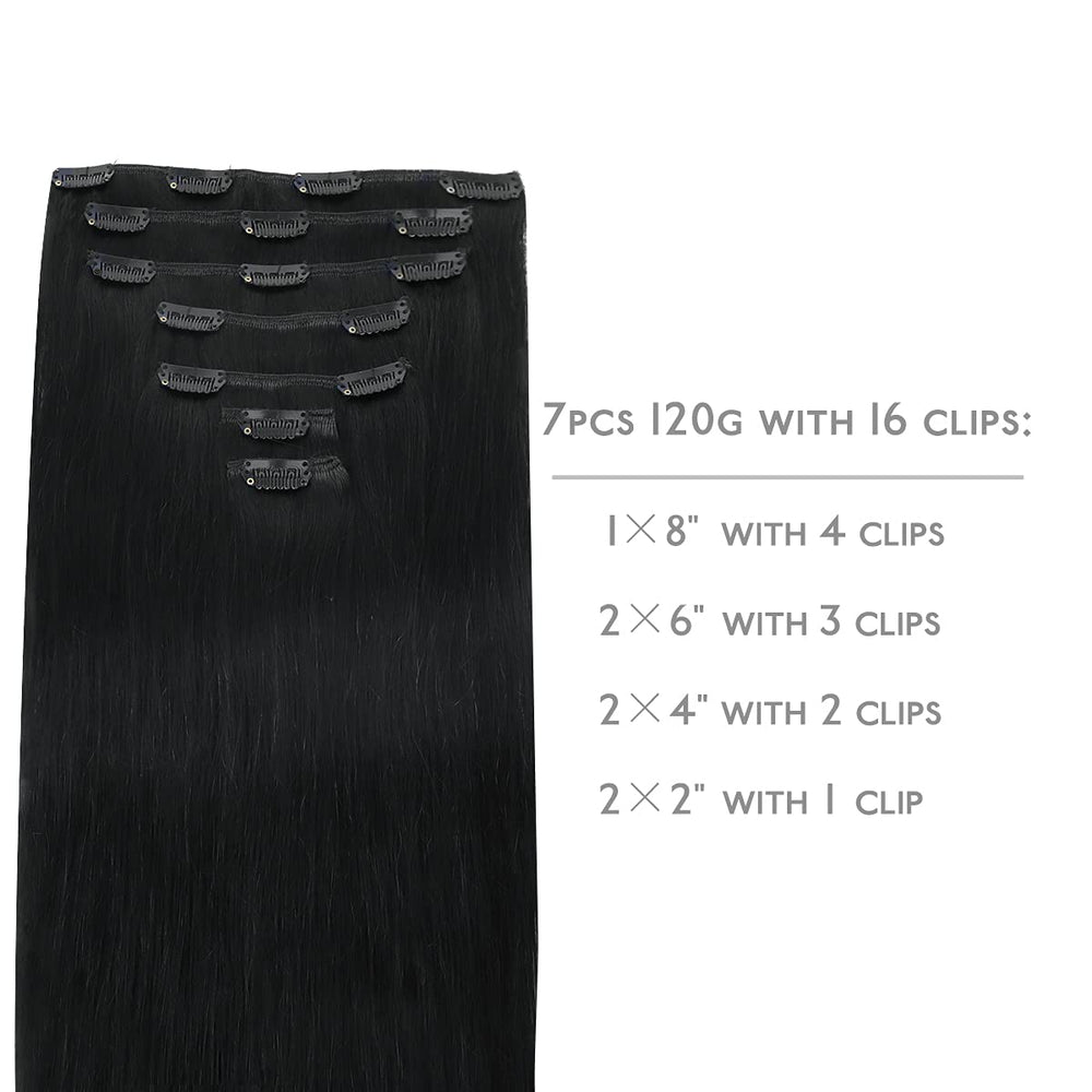Wennalife clip-in hair extensions jet black weft closeup shows smooth texture and shine