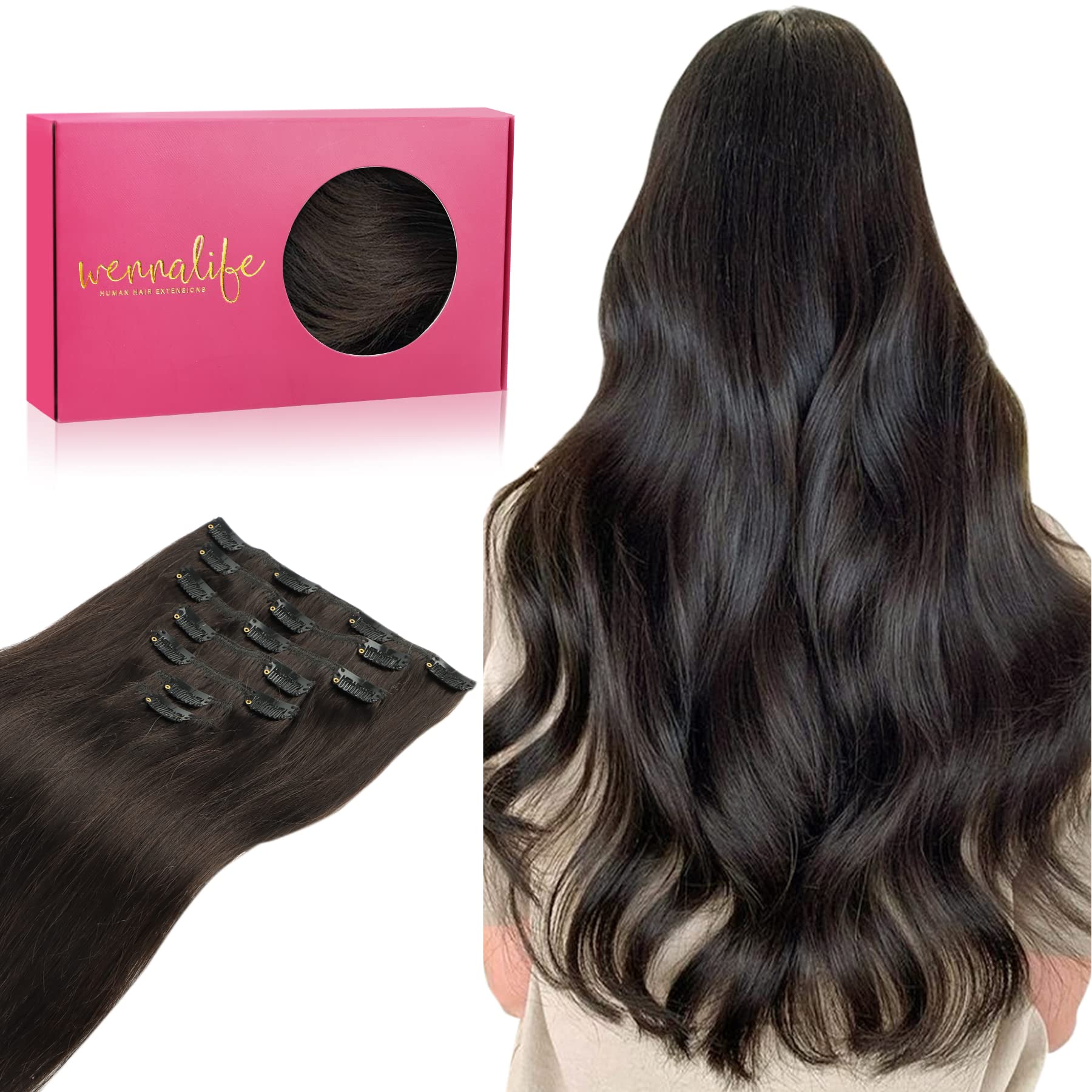 Wennalife clip-in hair extensions real human hair close-up with natural shine for seamless blend