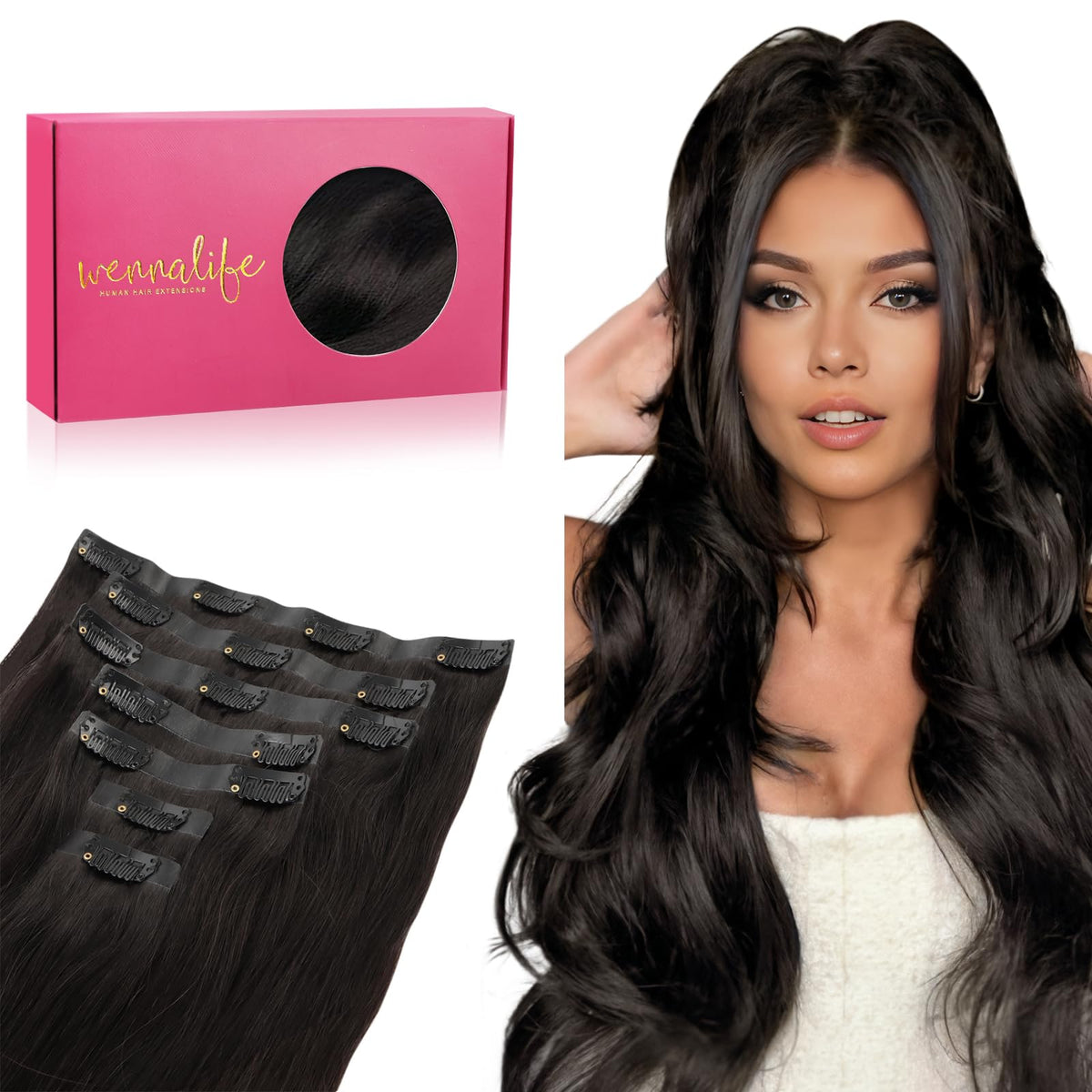 Wennalife seamless clip-in extensions on model for natural black blend