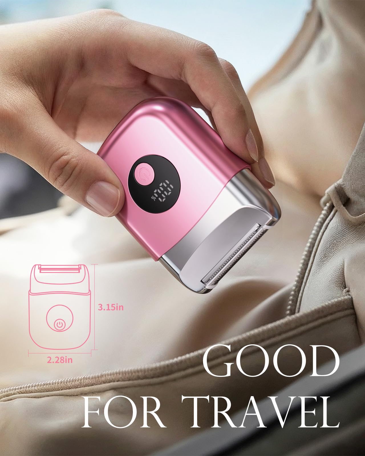 WEQOEE travel lock feature, shown in compact form, helps secure the shaver