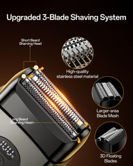 WEQOEE electric razor 3-blade system close-up highlights durable stainless steel blades.