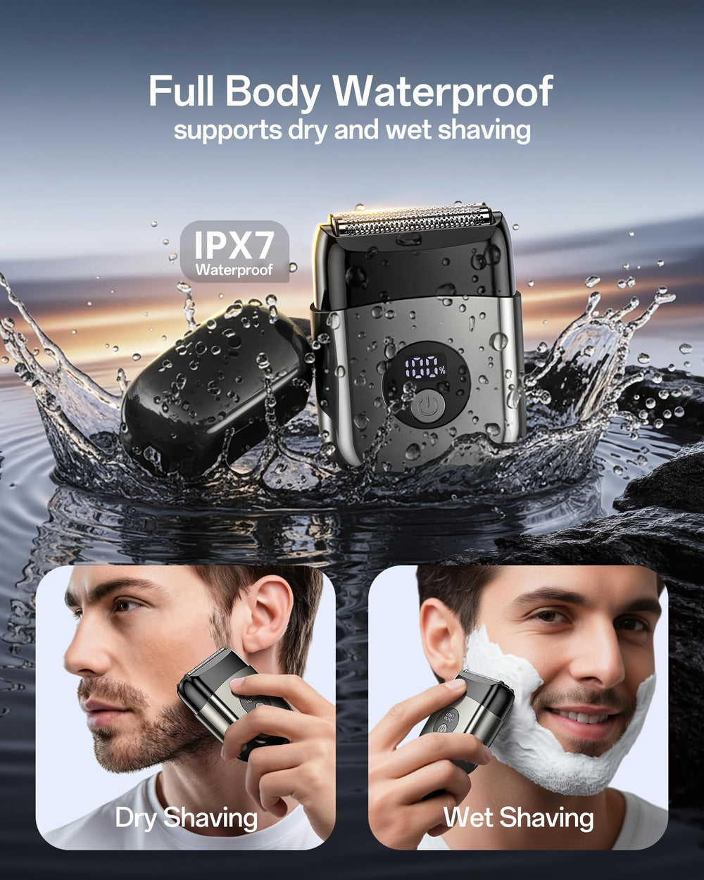 WEQOEE electric razor IPX7 waterproof close-up enabling wet and dry use.
