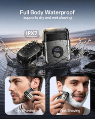 WEQOEE electric razor IPX7 waterproof close-up enabling wet and dry use.
