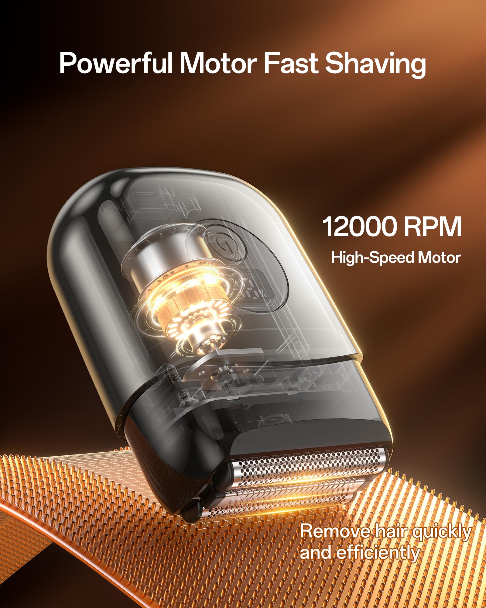 WEQOEE electric razor motor close-up showing 12,000 RPM power for quick shaving.