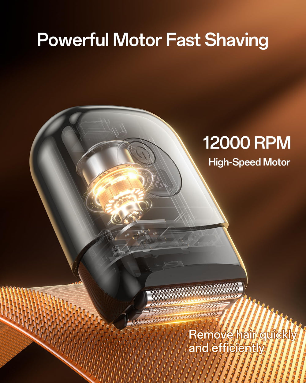 WEQOEE electric razor motor close-up showing 12,000 RPM power for quick shaving.