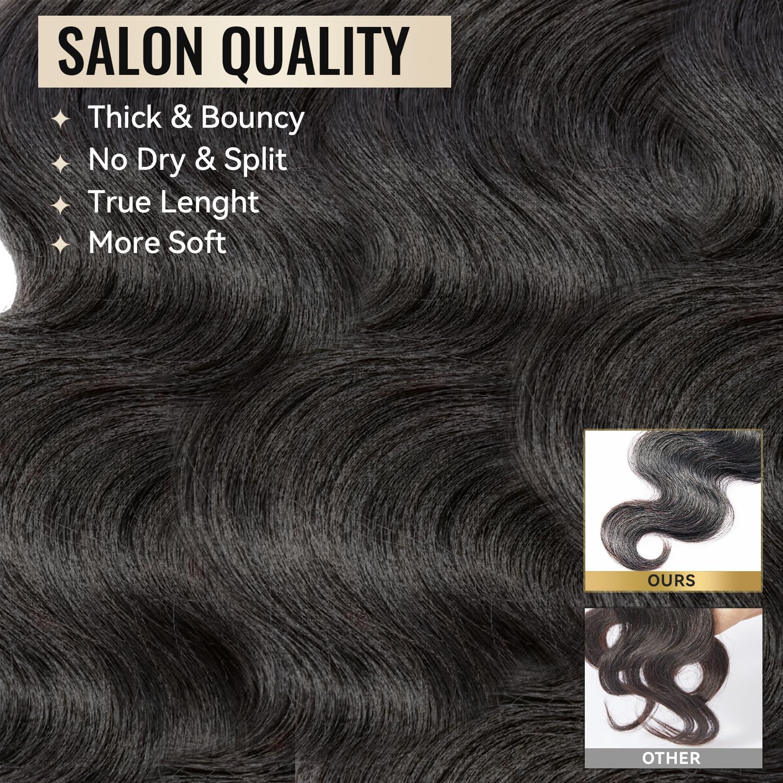 WEQUEEN body wave bundles 22-inch natural-black texture closeup reveals smooth healthy-looking hair.