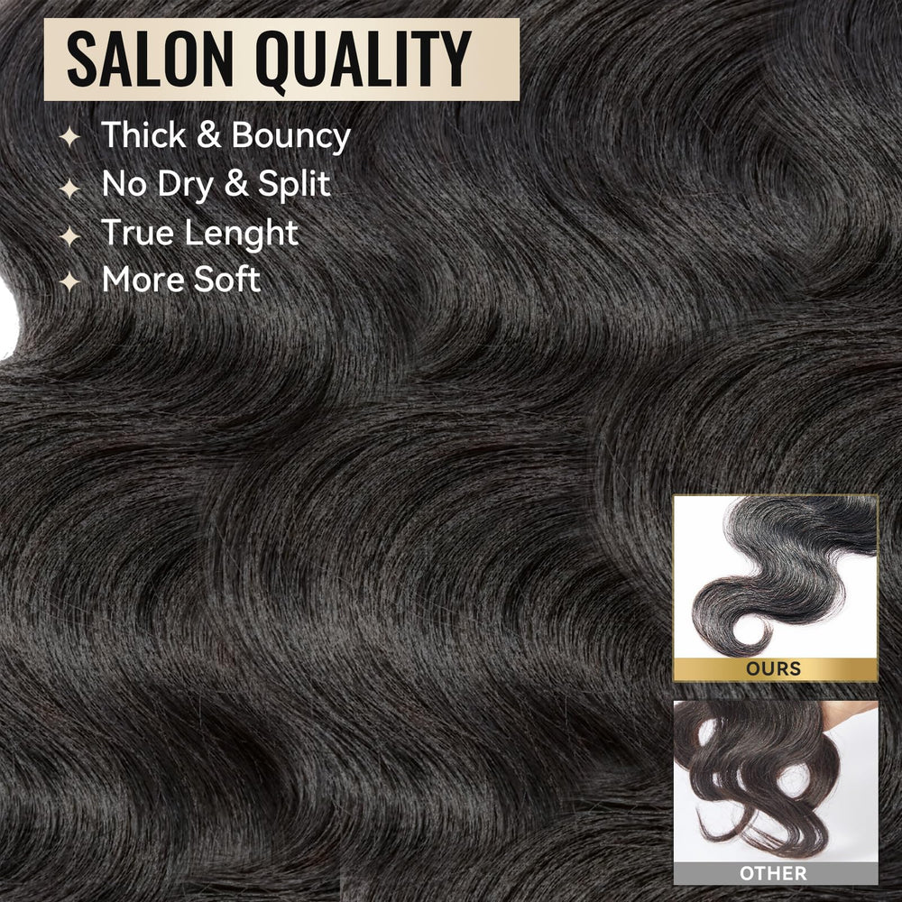 WEQUEEN body wave bundles 22-inch natural-black texture closeup reveals smooth healthy-looking hair.