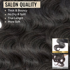 WEQUEEN body wave bundles 22-inch natural-black texture closeup reveals smooth healthy-looking hair.
