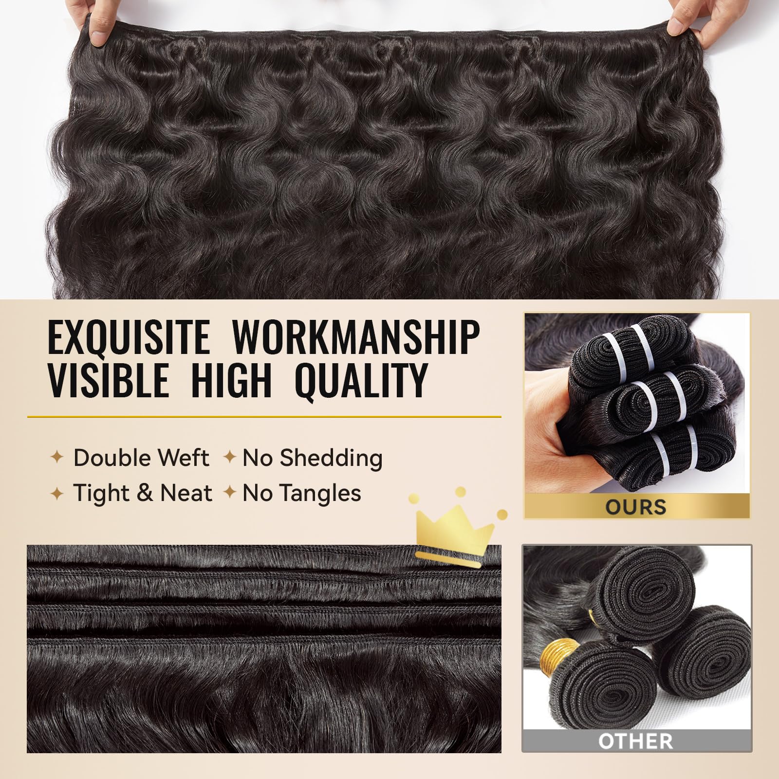WEQUEEN body wave bundles includes storage bag closeup emphasizes added value.