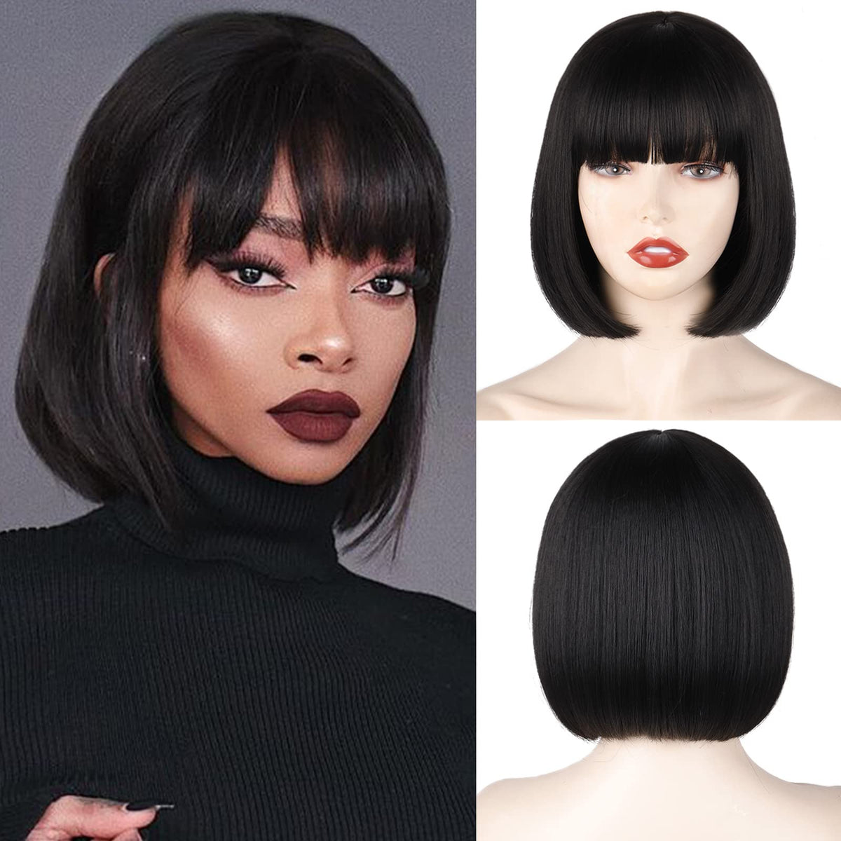 WERD black short bob wig bangs cap closeup for all-day comfort and natural look.