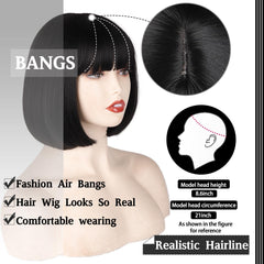 WERD black short bob wig bangs front-view shows natural hairline and styling ease.