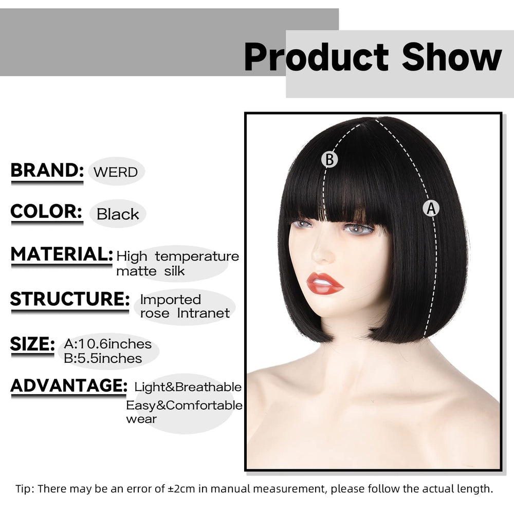 WERD black short bob wig bangs on-model view highlights sleek straight style.