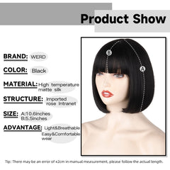 WERD black short bob wig bangs on-model view highlights sleek straight style.