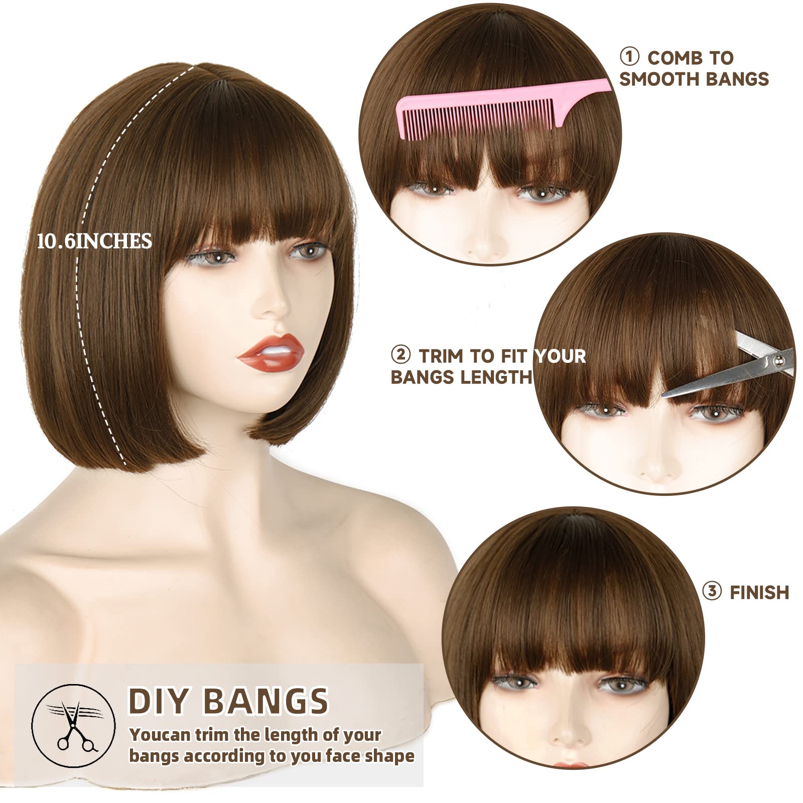 WERD short brown bob wig bangs 10inch adjustable-cap close-up highlights comfortable fit