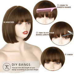 WERD short brown bob wig bangs 10inch adjustable-cap close-up highlights comfortable fit