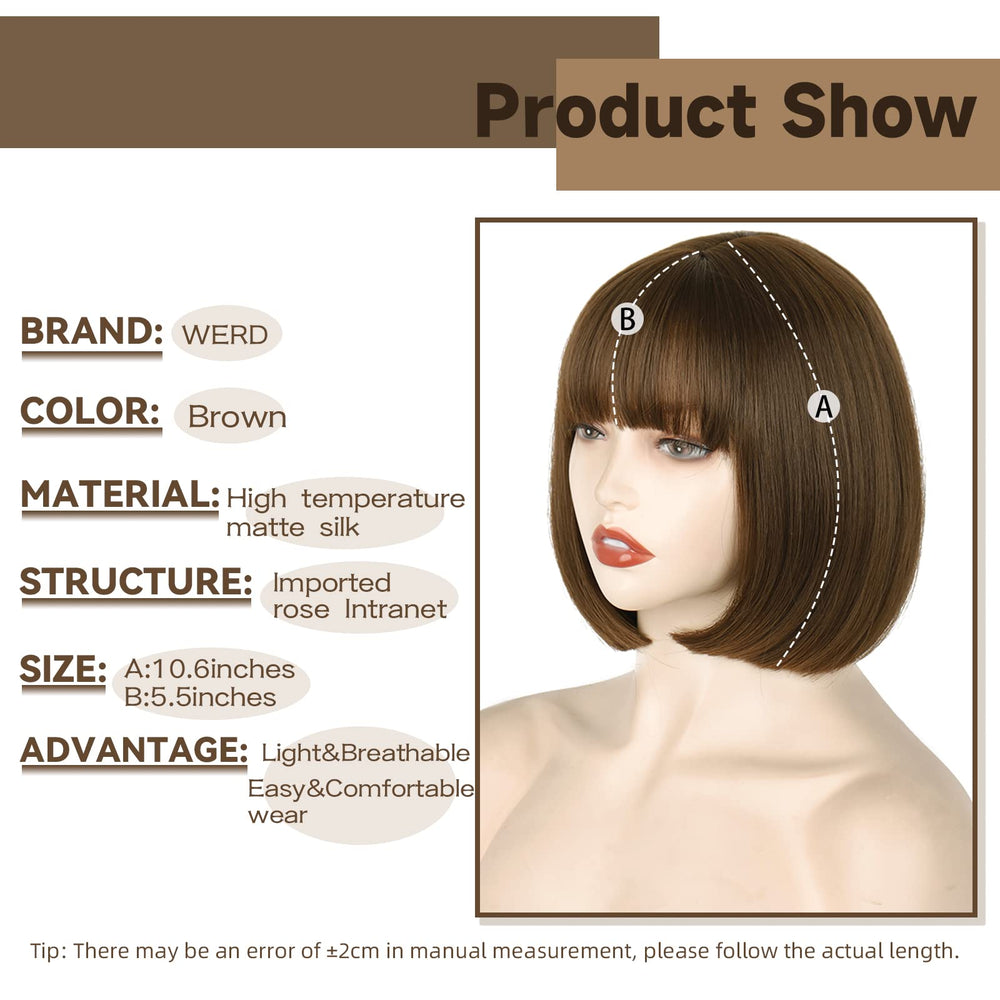 WERD short brown bob wig bangs 10inch closeup shows heat-resistant fibers for durable daily wear