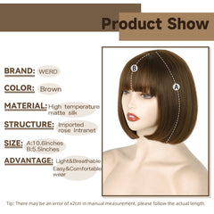 WERD short brown bob wig bangs 10inch closeup shows heat-resistant fibers for durable daily wear
